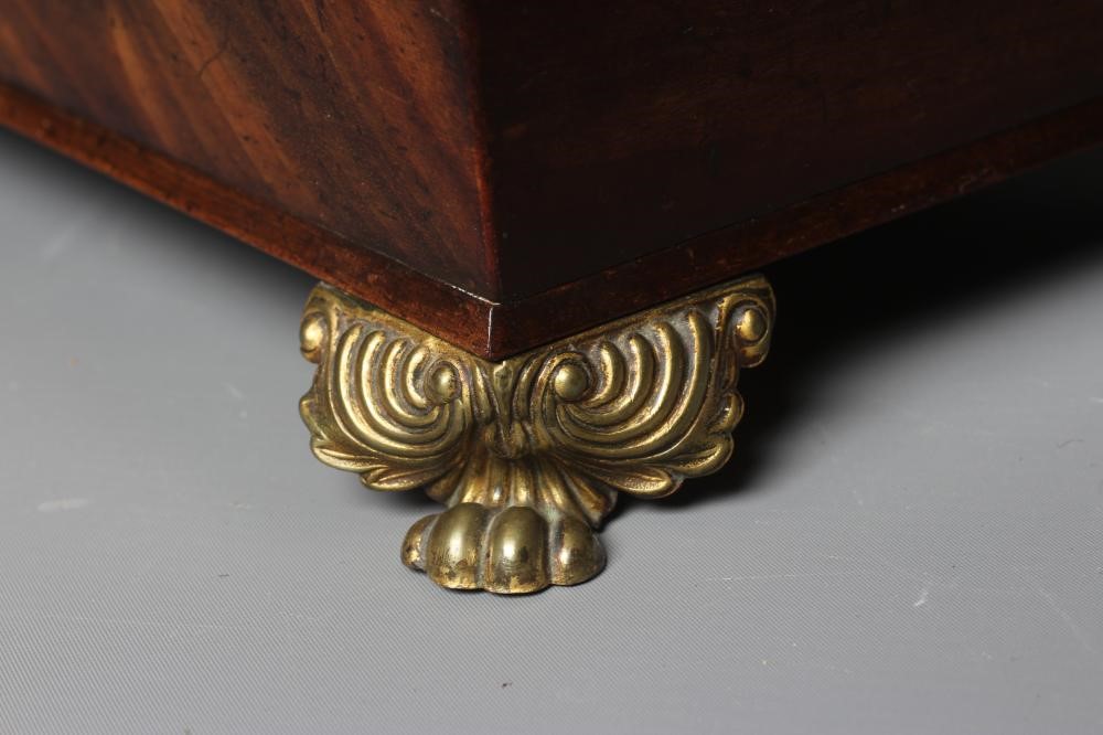 A REGENCY ROSEWOOD SARCOPHAGUS TEA CADDY with ring handles to each side and raised on brass lion paw Image