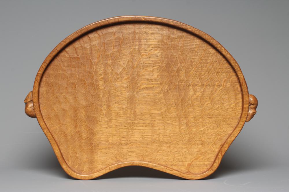 A ROBERT THOMPSON KIDNEY SHAPED OAK TRAY with carved mouse handles, 13 1/2" x 18 1/2" (Est. plus 24% Image