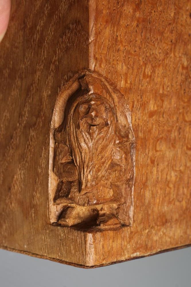 A PAIR OF THOMAS WHITTAKER OAK BOOKENDS of domed form carved with a Yorkshire Rose and incised gnome Image