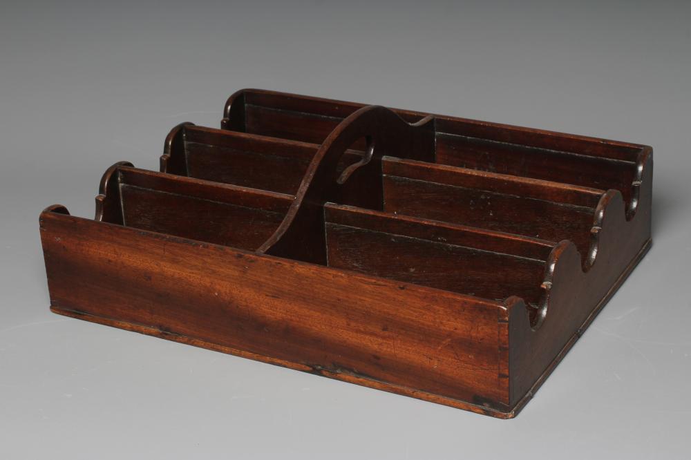 A GEORGIAN MAHOGANY BOTTLE CARRIER with six compartments and central carrying handle, 18" l x 13 Image