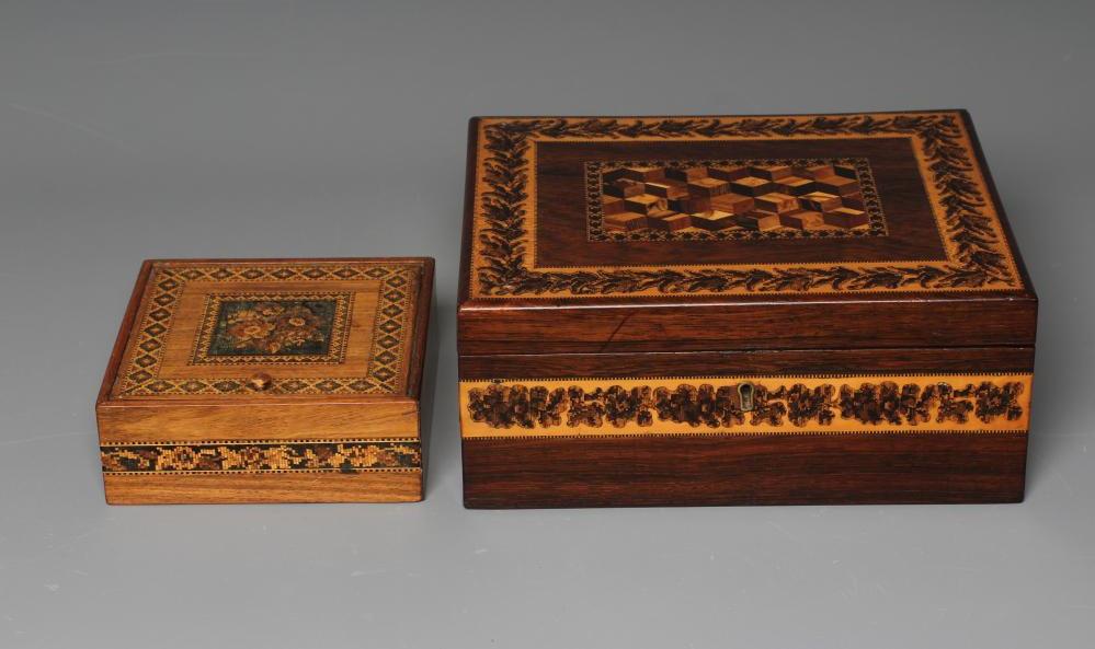 A VICTORIAN TUNBRIDGE WARE OBLONG ROSEWOOD SEWING BOX Image