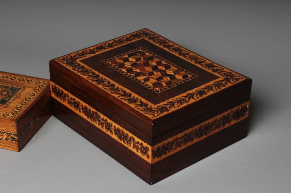 A VICTORIAN TUNBRIDGE WARE OBLONG ROSEWOOD SEWING BOX Image