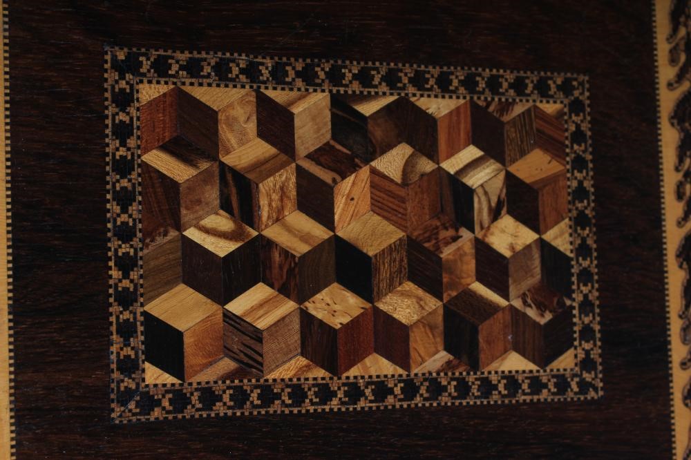 A VICTORIAN TUNBRIDGE WARE OBLONG ROSEWOOD SEWING BOX Image