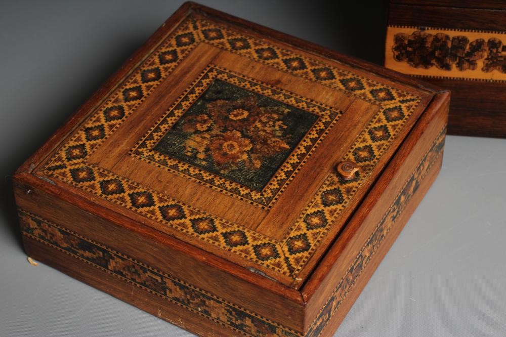 A VICTORIAN TUNBRIDGE WARE OBLONG ROSEWOOD SEWING BOX Image