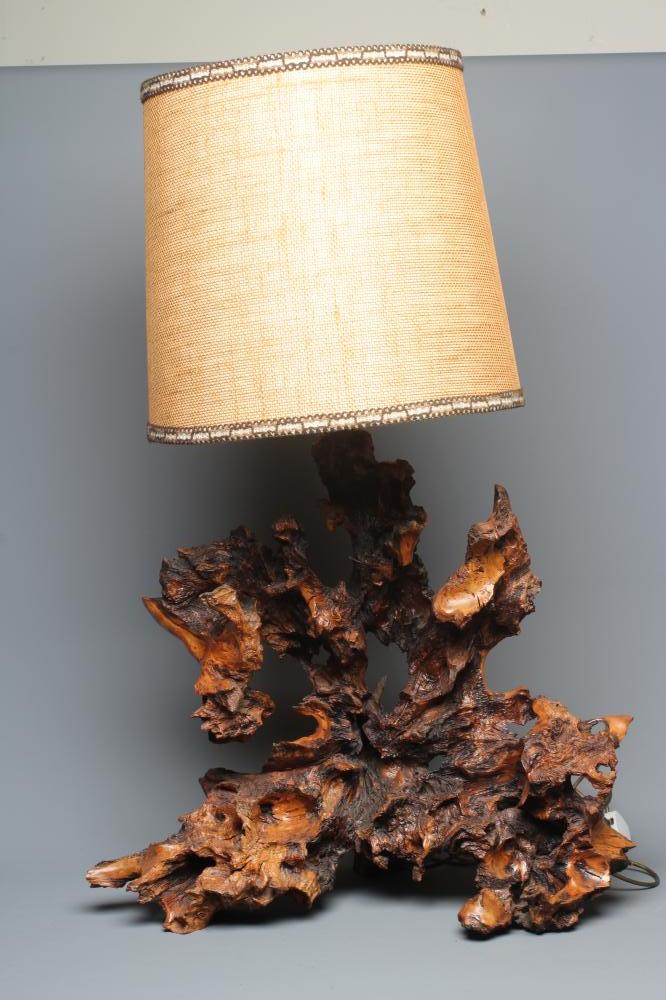 A RETRO ROOT WOOD LAMP, mid 20th century, of substantial proportions, 25" high, 27" wide (Est. plus Image