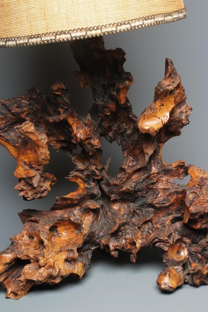 A RETRO ROOT WOOD LAMP, mid 20th century, of substantial proportions, 25" high, 27" wide (Est. plus Image