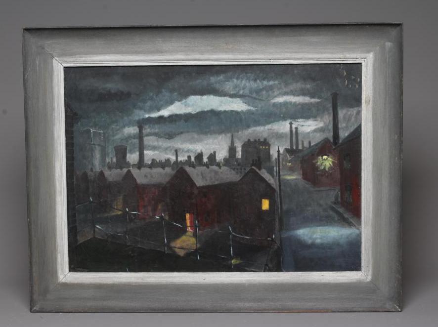CARL DUDLEY HANSON (1929-2014) Yorkshire Town at Dusk, oil on board, 15" x 21", modern grey frame Image