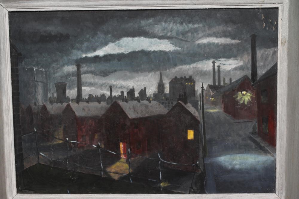 CARL DUDLEY HANSON (1929-2014) Yorkshire Town at Dusk, oil on board, 15" x 21", modern grey frame Image