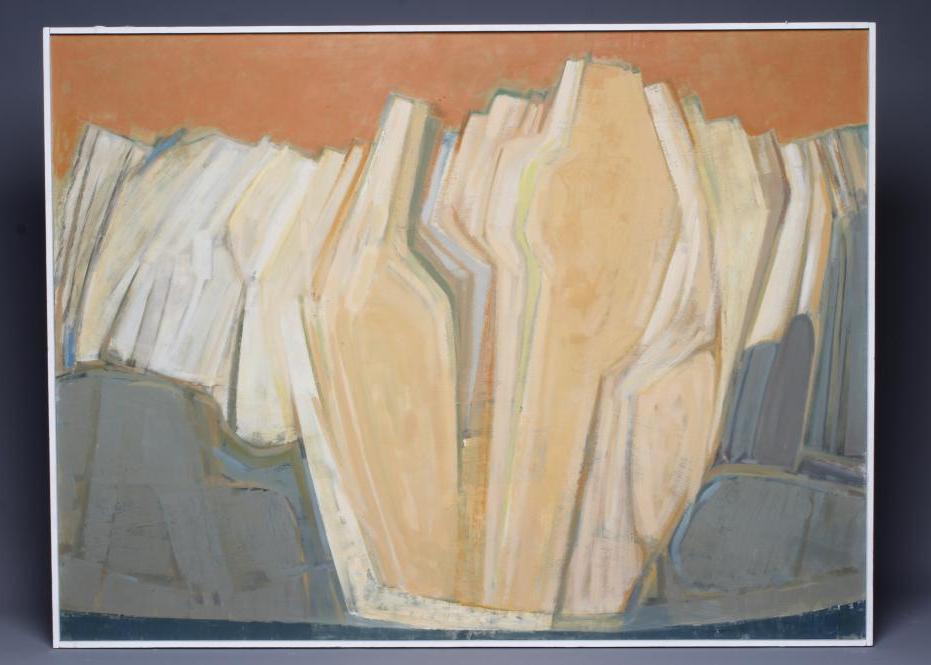 CARL DUDLEY HANSON (1929-2014) Abstract in Brown and Blue, oil on panel, 36 1/2" x 48", white Image