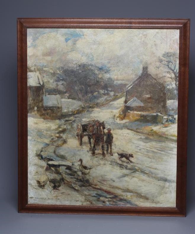 ROWLAND H HILL (1873-1952) Farmer with Horse and Cart on a Winter Snowbound Track Image