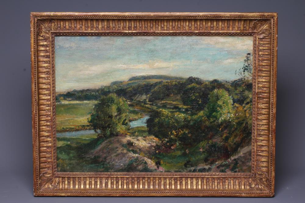 REGINALD GRANGE BRUNDRIT (1883-1960) Yorkshire River Landscape, oil on canvas, 17 1/2" x 26", gilt Image