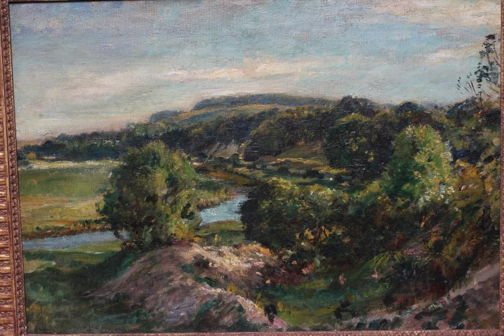 REGINALD GRANGE BRUNDRIT (1883-1960) Yorkshire River Landscape, oil on canvas, 17 1/2" x 26", gilt Image