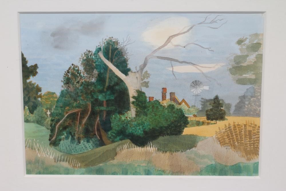 KENNETH ROWNTREE (1915-1997) Rural Landscape with Gnarled Tree and Corn Fields Image