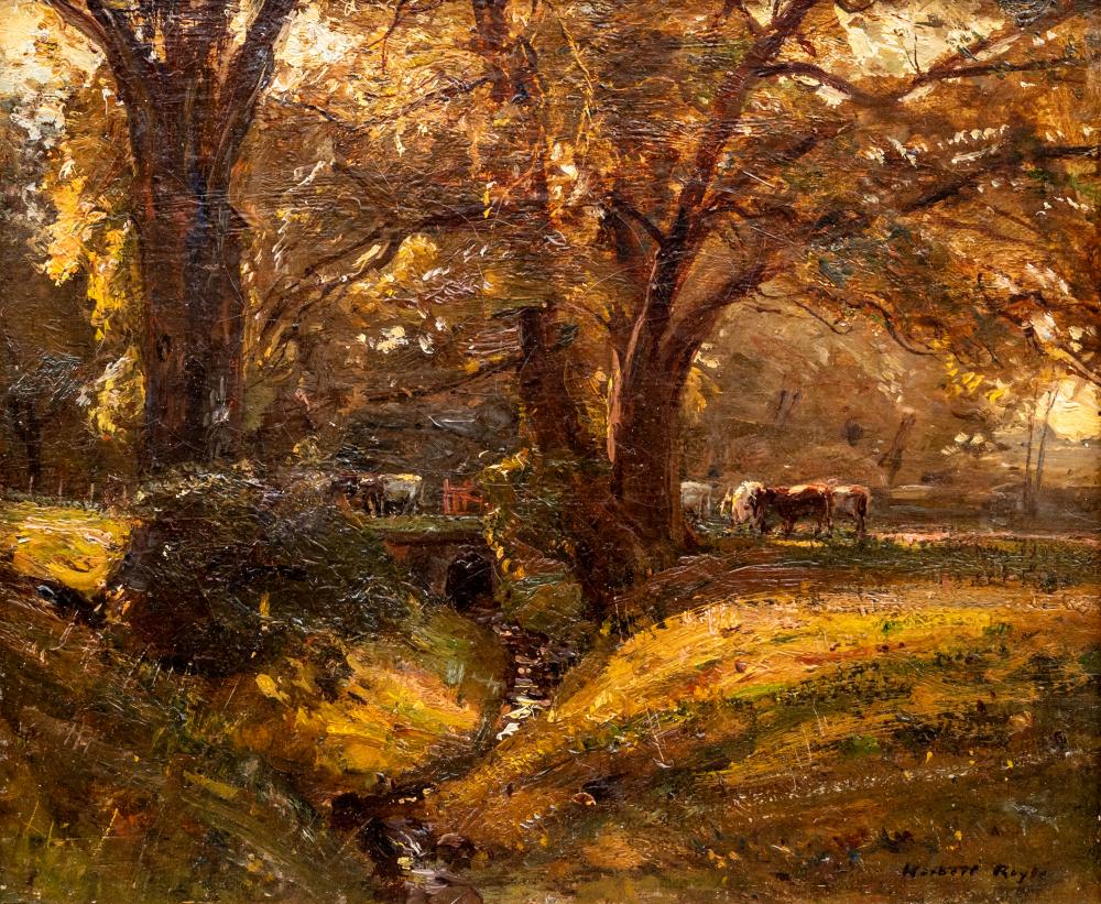 HERBERT F ROYLE (1870-1958) Cattle Watering in a Glade, signed lower right, oil on canvas, 10" x Image