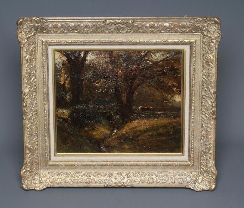 HERBERT F ROYLE (1870-1958) Cattle Watering in a Glade, signed lower right, oil on canvas, 10" x Image