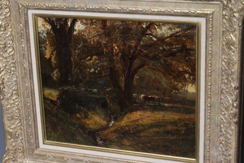 HERBERT F ROYLE (1870-1958) Cattle Watering in a Glade, signed lower right, oil on canvas, 10" x Image