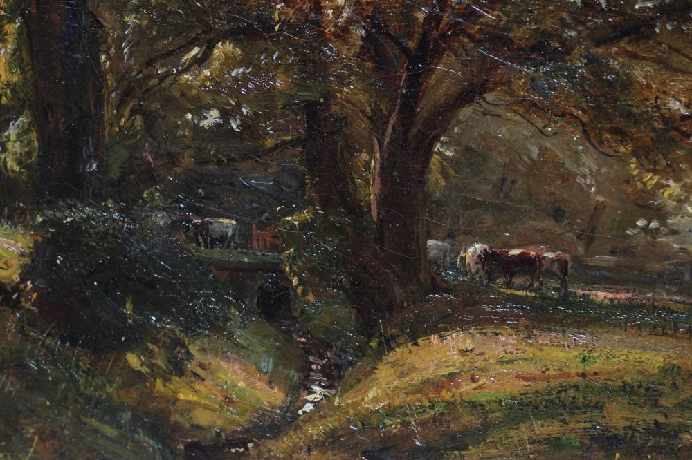 HERBERT F ROYLE (1870-1958) Cattle Watering in a Glade, signed lower right, oil on canvas, 10" x Image
