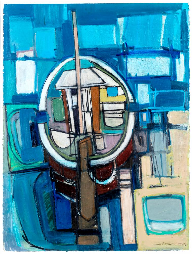 IAN BURKE (b.1955) Sailing Boat at its Moorings, signed lower right and dated 2014, mixed media, 30 Image