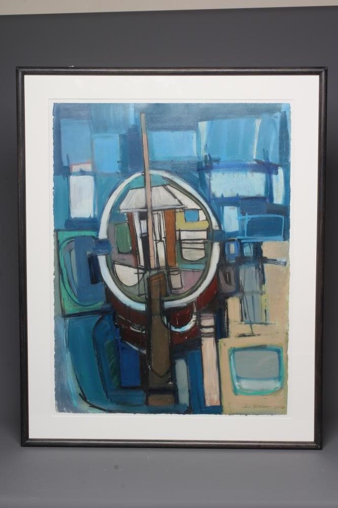 IAN BURKE (b.1955) Sailing Boat at its Moorings, signed lower right and dated 2014, mixed media, 30 Image