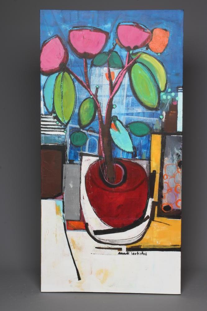 AMRIK VARKALIS (b.1949) Red Pot, signed lower right, oil on canvas, 39 1/2" x 19 1/2", unframed Image
