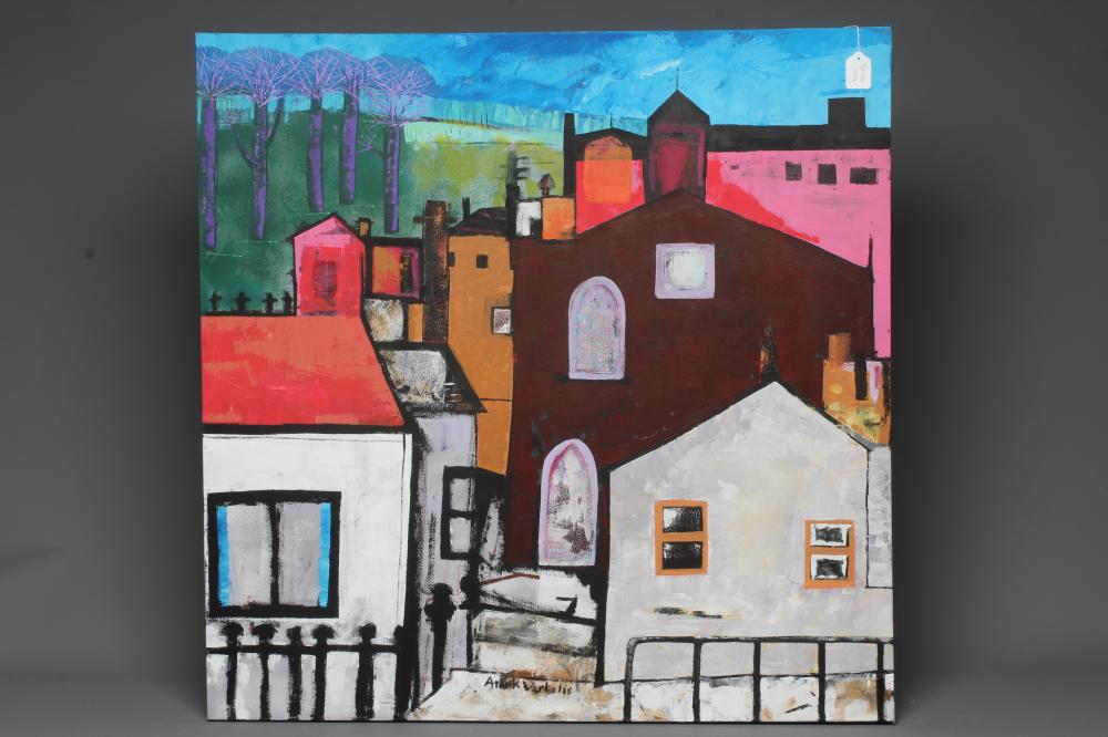 AMRIK VARKALIS (b.1949) Townscape, signed, oil on canvas, 35" x 35", unframed (subject to Artists Image