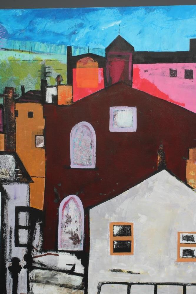 AMRIK VARKALIS (b.1949) Townscape, signed, oil on canvas, 35" x 35", unframed (subject to Artists Image