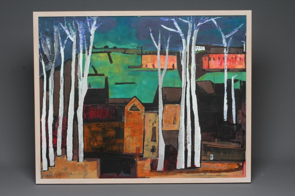 AMRIK VARKALIS (b.1940) White Trees, signed lower right, oil on board, 26 1/2" x 33 1/2", framed Image