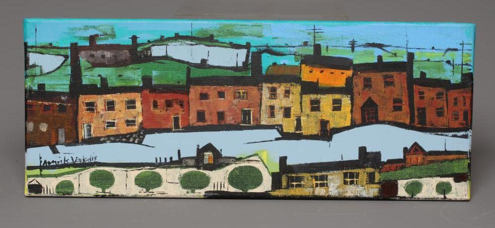 AMRIK VARKALIS (b.1940) Terraced Houses, signed lower left, oil on canvas, 8" x 19 1/2", unframed Image