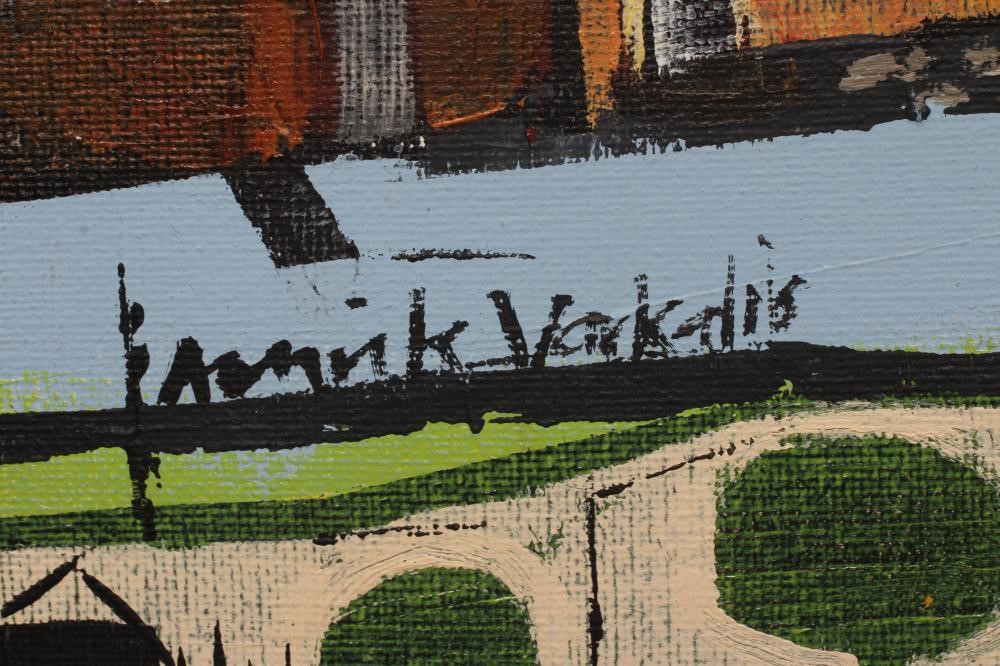 AMRIK VARKALIS (b.1940) Terraced Houses, signed lower left, oil on canvas, 8" x 19 1/2", unframed Image