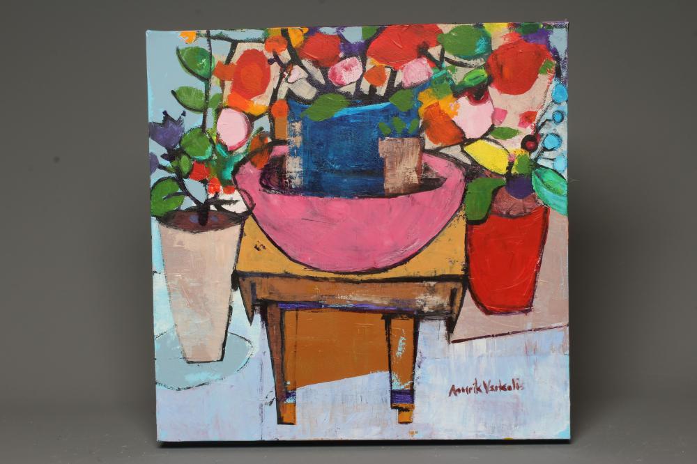 AMRIK VARKALIS (b.1940) Pink Bowl, signed lower right, oil on canvas, 19 1/2" x 20", unframed Image