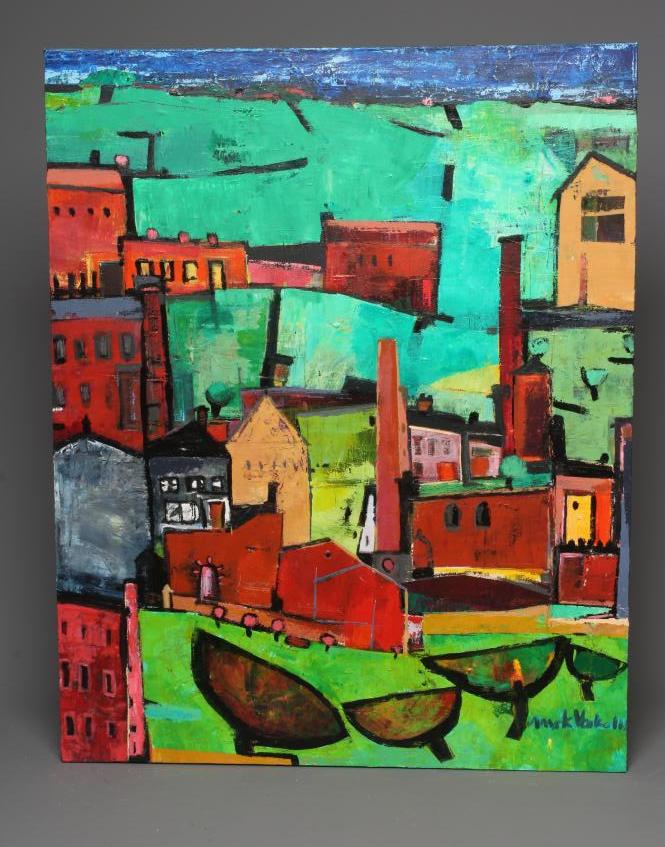 AMRIK VARKALIS (b.1940) Landscape with Industrial Buildings, signed lower right, oil on canvas, 30" Image