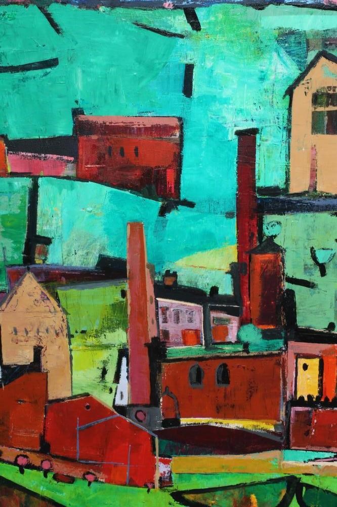 AMRIK VARKALIS (b.1940) Landscape with Industrial Buildings, signed lower right, oil on canvas, 30" Image