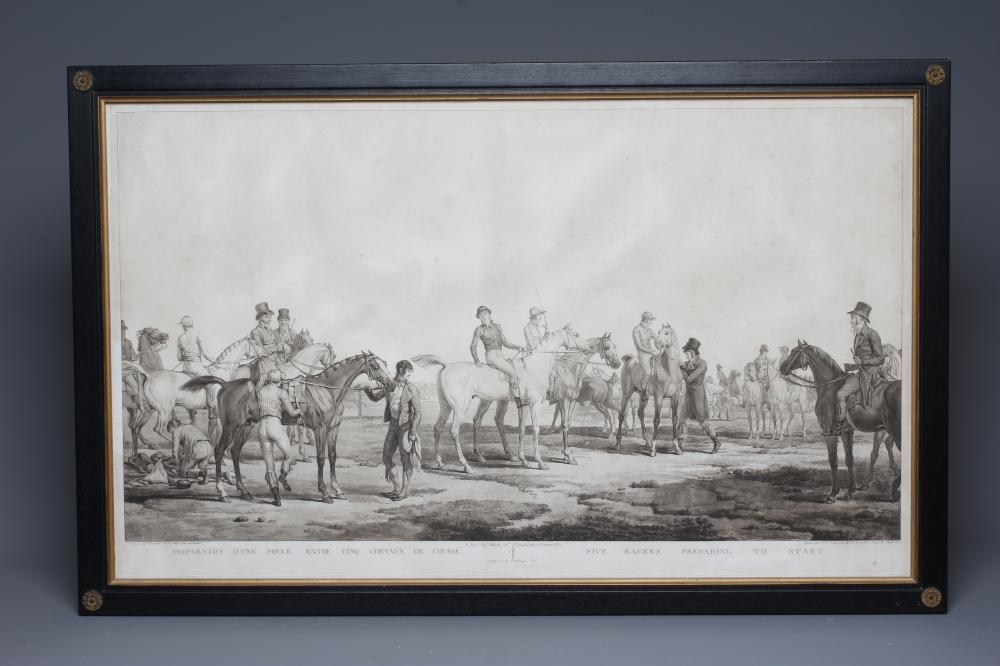CARLE VERNET (1758-1836) Five Racers Preparing to Start, restrike engraving, 22" x 36" (PL), framed Image
