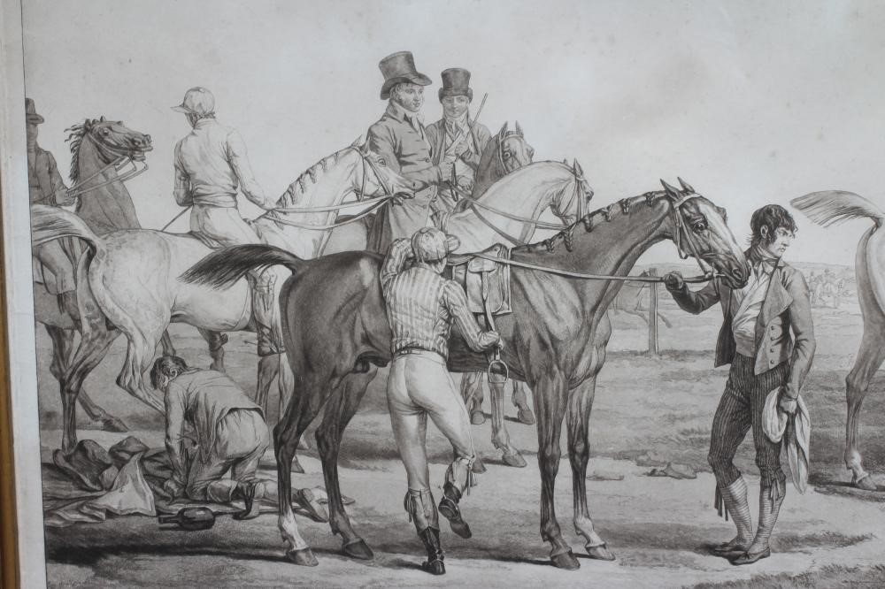 CARLE VERNET (1758-1836) Five Racers Preparing to Start, restrike engraving, 22" x 36" (PL), framed Image