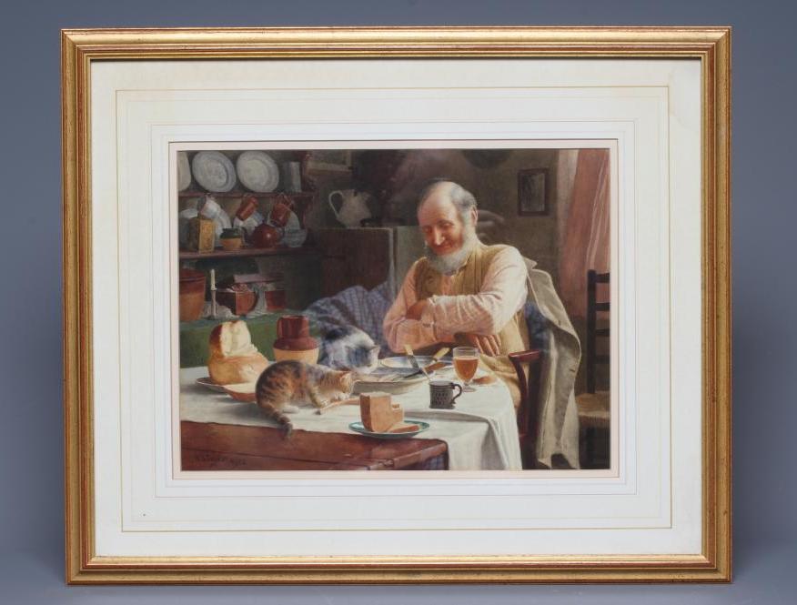 HENRY E TOZER (1864-1955) Evening Meal, signed lower left and dated 1912, watercolour, 10" x 13 Image