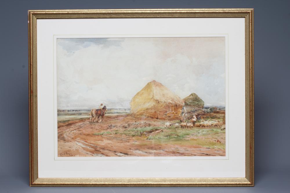 CLAUDE HAYES (1852-1922) Plough Team and Sheep before a Hayrick, signed lower left, watercolour, 13" Image