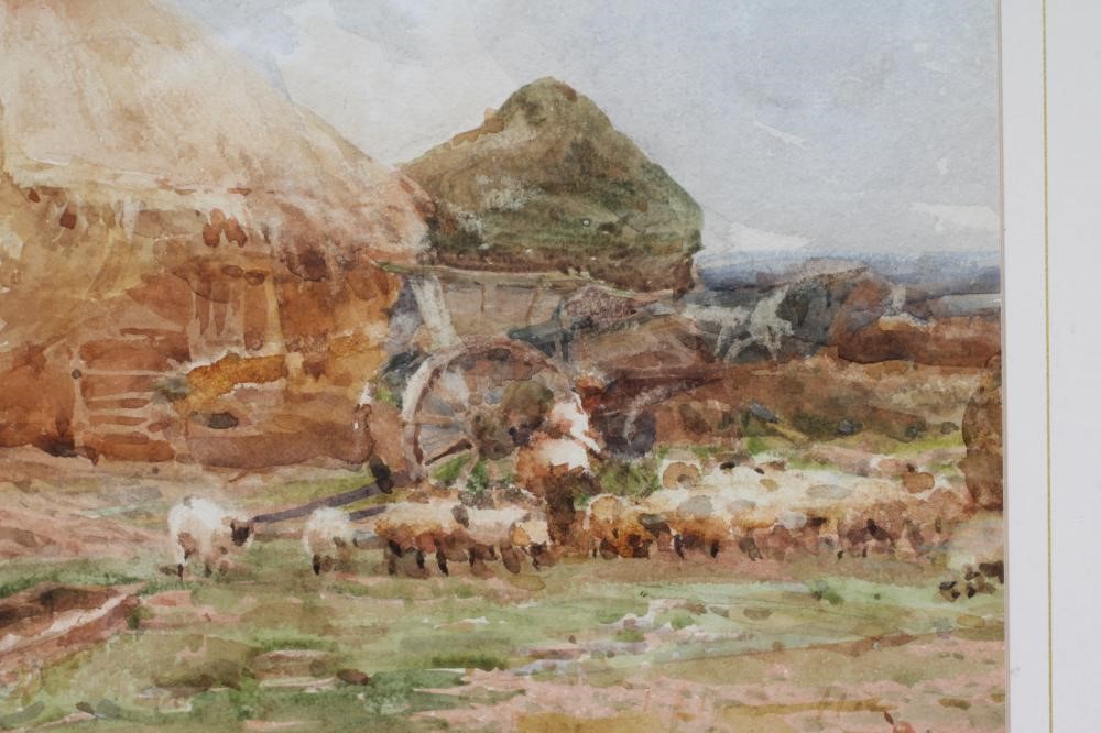 CLAUDE HAYES (1852-1922) Plough Team and Sheep before a Hayrick, signed lower left, watercolour, 13" Image