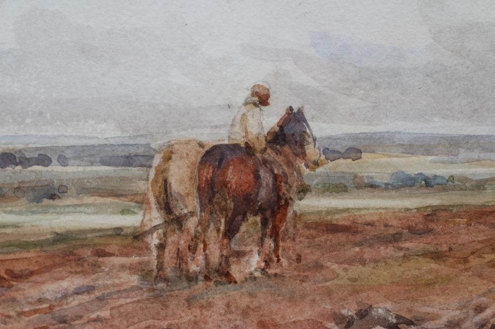 CLAUDE HAYES (1852-1922) Plough Team and Sheep before a Hayrick, signed lower left, watercolour, 13" Image