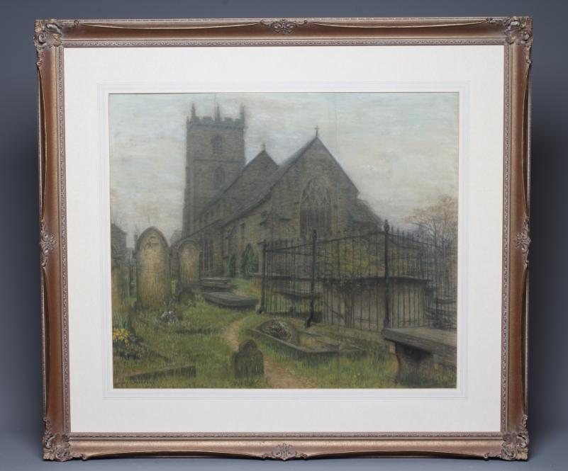 CHARLES MERTENS (1865-1919) Calverley Church, signed lower left, pastel, 24" x 28", framed and Image