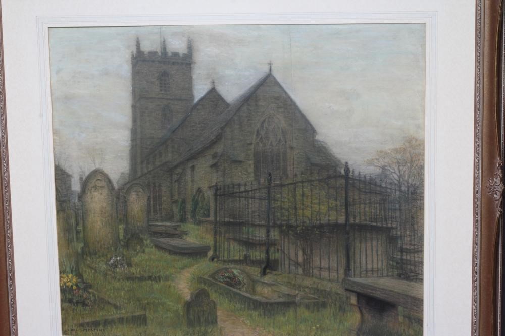 CHARLES MERTENS (1865-1919) Calverley Church, signed lower left, pastel, 24" x 28", framed and Image