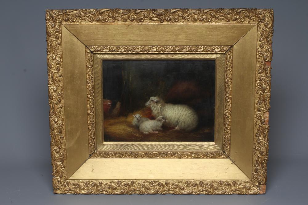 ARTHUR JACKSON (act.1885- c.1910) Sheep in a Stable Interior, signed lower left, oil on board, 8" x Image