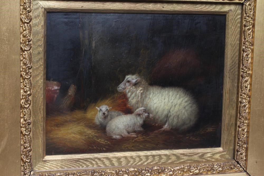 ARTHUR JACKSON (act.1885- c.1910) Sheep in a Stable Interior, signed lower left, oil on board, 8" x Image