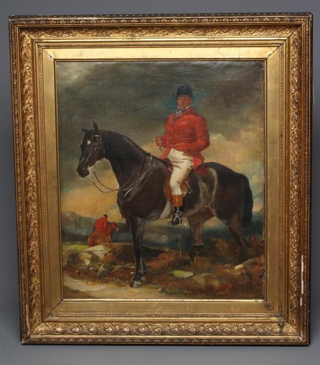 BRITISH SCHOOL (Late 19th Century) Huntsman astride his Horse, oil on canvas, 20" x 17", gilt Image