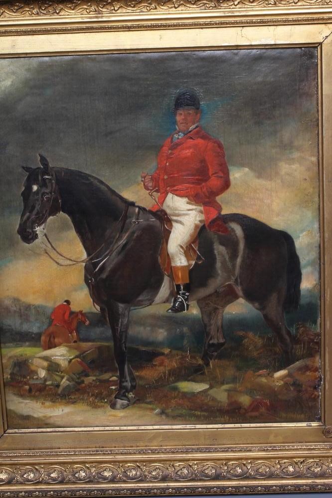 BRITISH SCHOOL (Late 19th Century) Huntsman astride his Horse, oil on canvas, 20" x 17", gilt Image