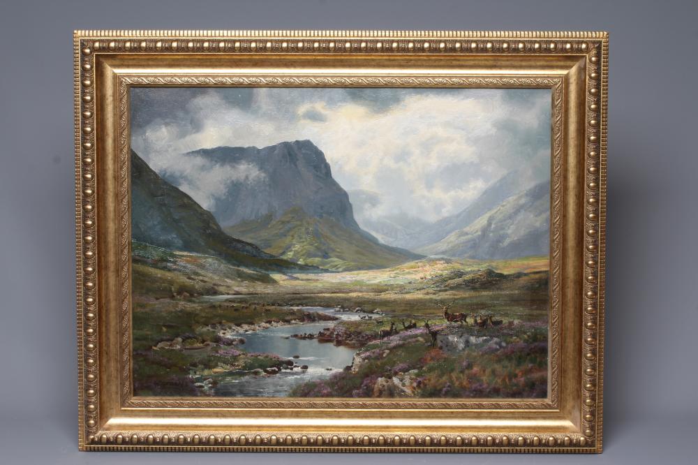GEORGE MELVIN RENNIE (1874-1953) Highland Landscape with Stags beside a Burn, signed lower left, oil Image