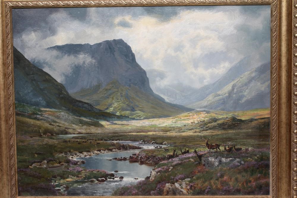 GEORGE MELVIN RENNIE (1874-1953) Highland Landscape with Stags beside a Burn, signed lower left, oil Image
