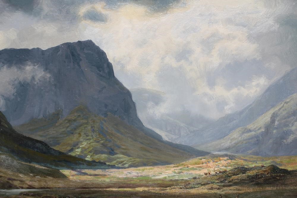 GEORGE MELVIN RENNIE (1874-1953) Highland Landscape with Stags beside a Burn, signed lower left, oil Image