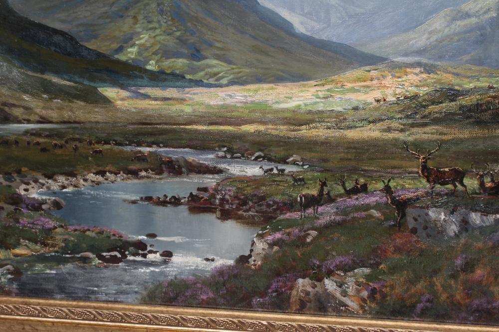 GEORGE MELVIN RENNIE (1874-1953) Highland Landscape with Stags beside a Burn, signed lower left, oil Image