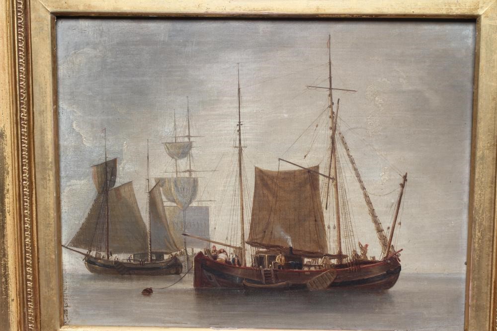 CONTINENTAL SCHOOL (19th Century) Fishing Boats on a Calm Sea, oil on canvas laid on board, 11" x Image