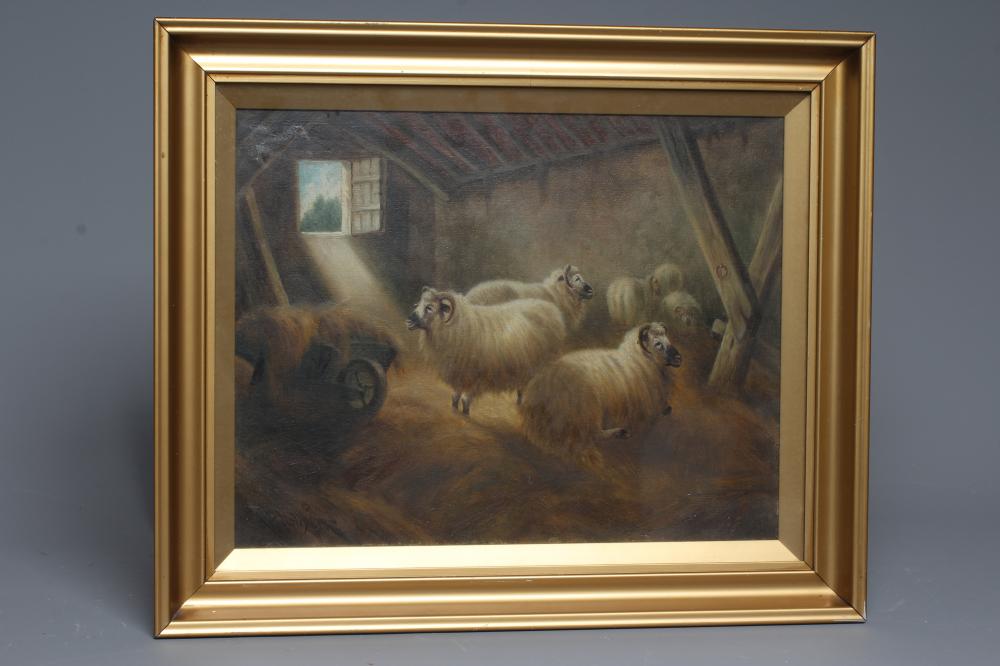 WILLIAM PERRING HOLLYER (1834-1922) Sheep in a Stable, signed lower left, inscribed verso with Image